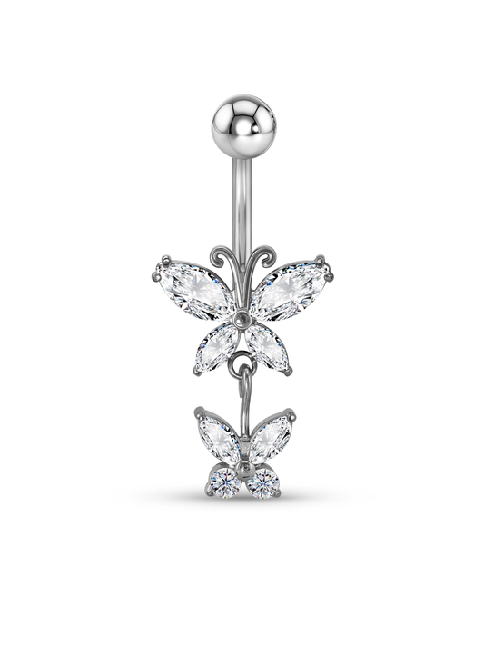 Crystal Butterfly Drop Navel Piercing Bar In Platinum