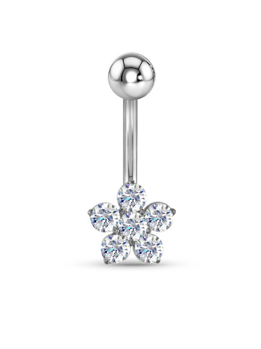 Crystal Flower Navel Piercing Bar In Platinum