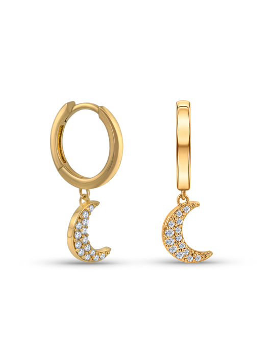 Polaris Moon Pavé Drop Hoops In Gold