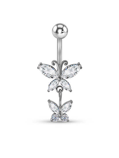 Crystal Butterfly Drop Navel Piercing Bar In Platinum