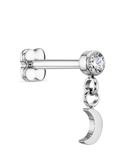 Round Crystal Moon Drop Piercing Stud In Platinum
