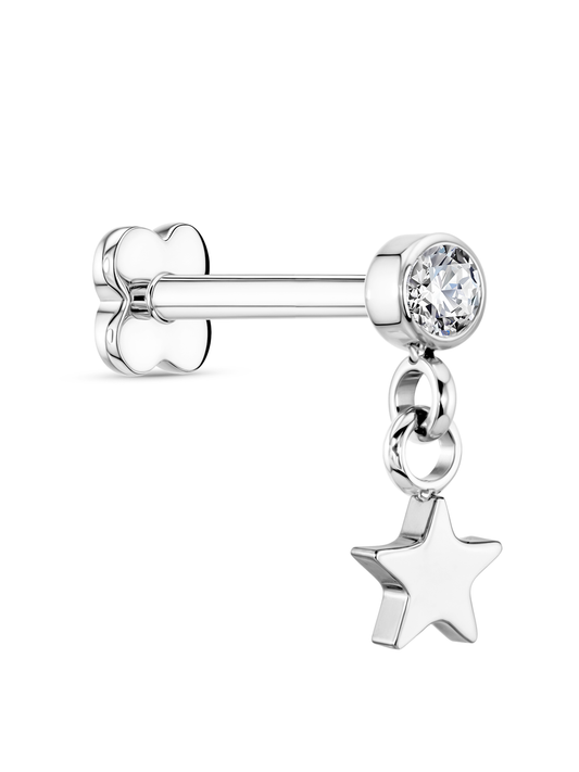 Round Crystal Star Drop Piercing Stud In Platinum