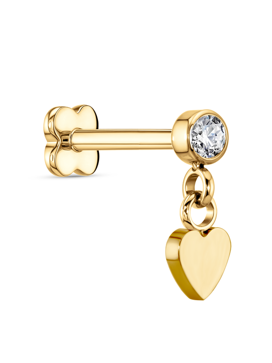 Round Crystal Heart Drop Piercing Stud In Gold