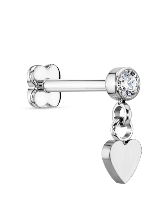 Round Crystal Heart Drop Piercing Stud In Platinum