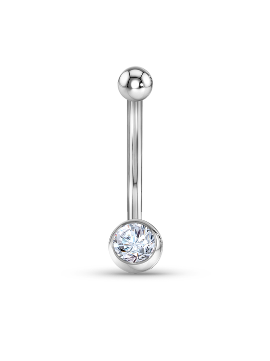 14K GOLD & WHITE TOPAZ CRYSTAL BALL NAVEL PIERCING BAR