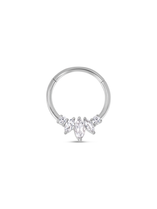 Fine Seamless 14K Gold & White Topaz Crystal Navette Navel Piercing Hoop