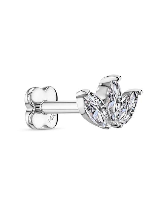 14K Gold & White Topaz Triple Navette Piercing Stud