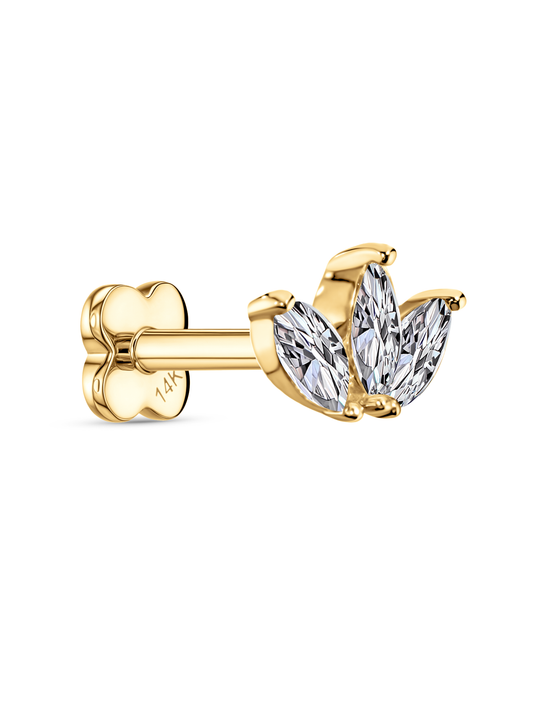 14K Gold & White Topaz Triple Navette Piercing Stud