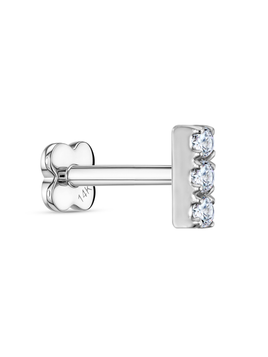 14K Gold & Triple White Topaz Bar Piercing Stud