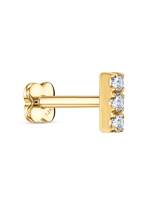 14K Gold & Triple White Topaz Bar Piercing Stud
