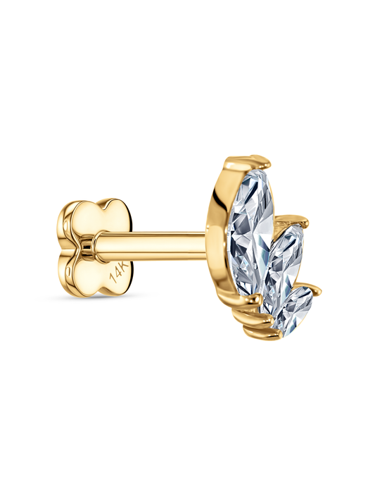 14K Gold Triple Navette Graduated Stone Piercing Stud