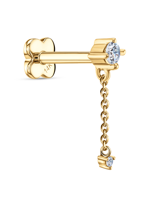 14K Gold & Round White Topaz Chain Drop Piercing Stud
