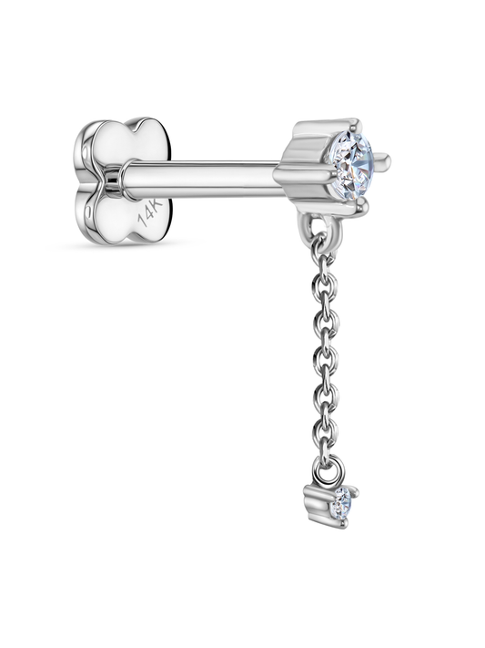 14K Gold & Round White Topaz Chain Drop Piercing Stud