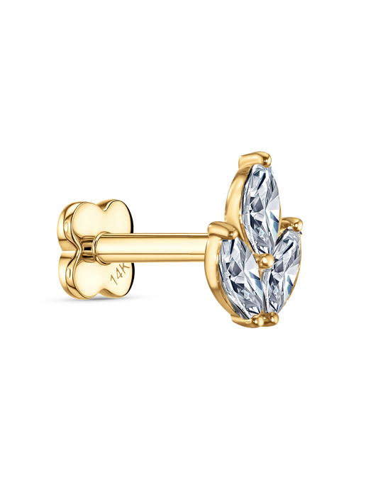 14K Gold & White Topaz Triple Navette Cluster Piercing Stud