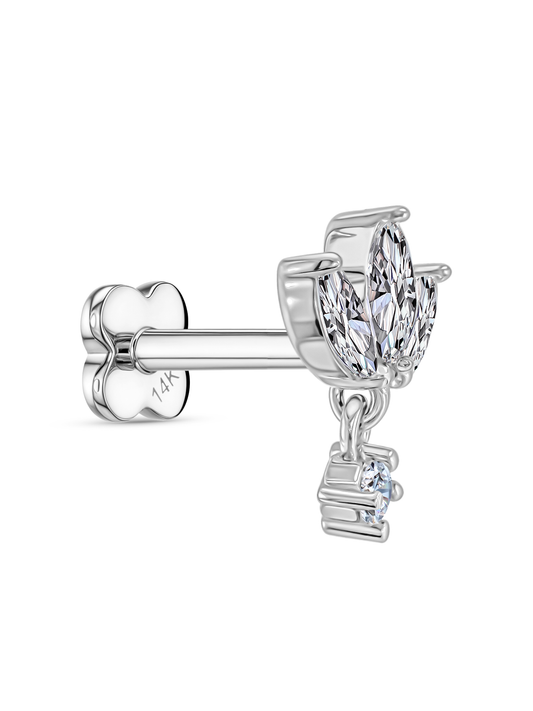 Fine 14K Gold & White Topaz Triple Navette Drop Piercing Stud