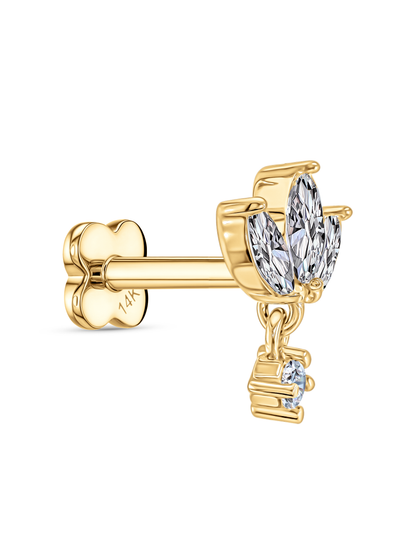 Fine 14K Gold & White Topaz Triple Navette Drop Piercing Stud