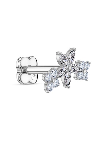14K Gold & White Topaz Triple Flower Piercing Stud