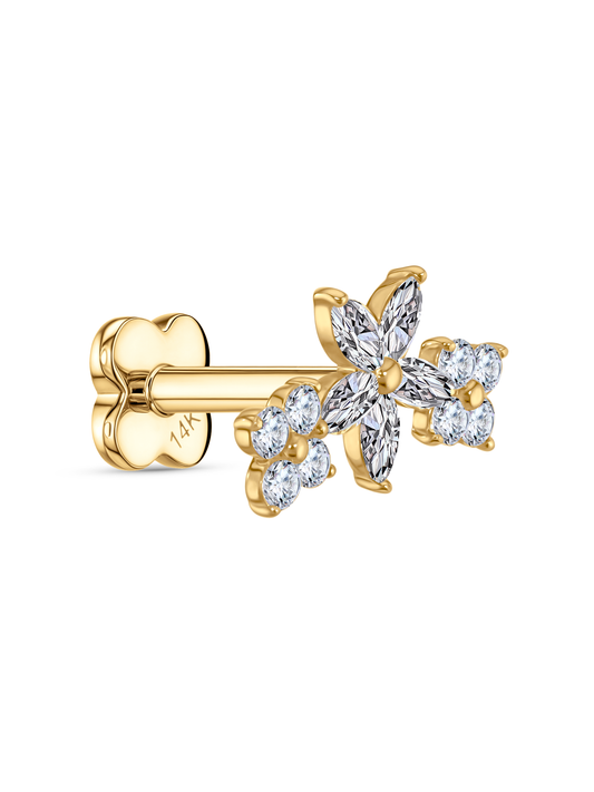 14K Gold & White Topaz Triple Flower Piercing Stud