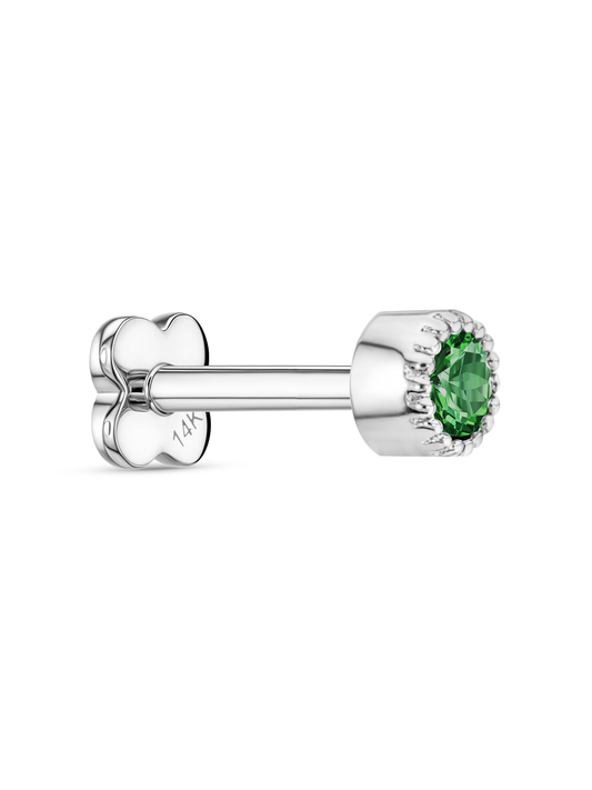 Fine 14K White Gold & Lab-Grown Emerald Round Bezel Piercing Stud