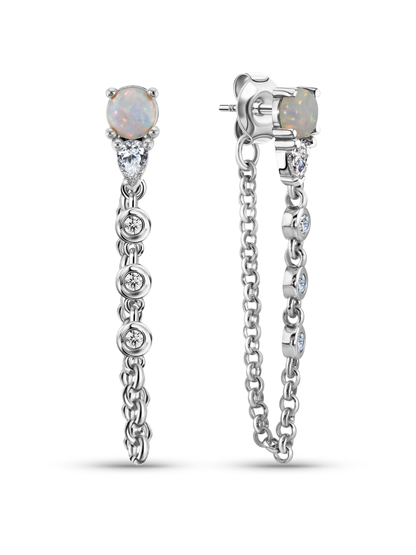 Polaris Chain Drop Opal Studs In Silver