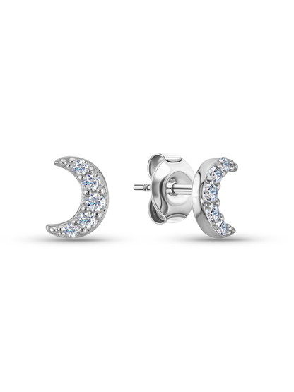 Mini Crystal Moon Studs In Silver