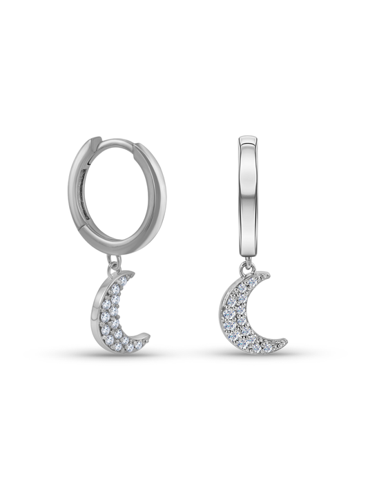 Polaris Moon Pavé Drop Hoops In Silver
