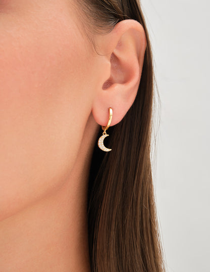 Polaris Moon Pavé Drop Hoops In Gold