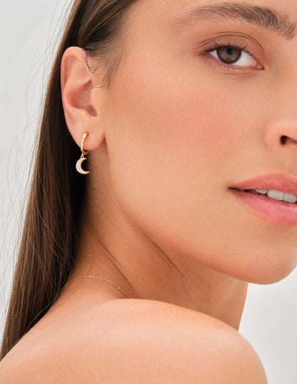 Polaris Moon Pavé Drop Hoops In Gold