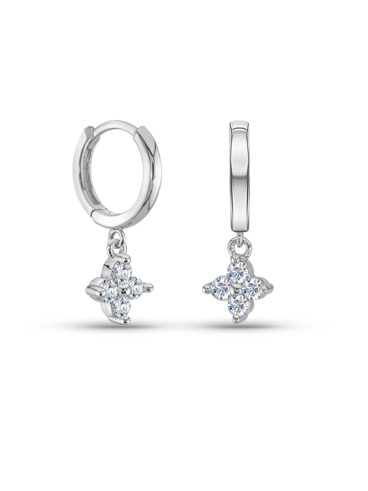 Flower Crystal Drop Hoops In Silver