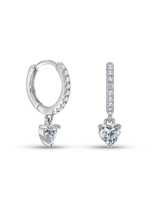 Heart Crystal Drop Hoops In Silver