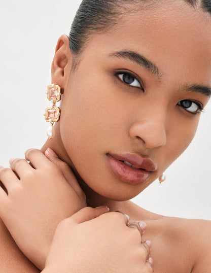 Icons Pearl Studded Crystal Drop Earrings In Gold