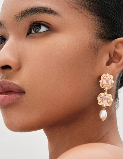 Icons Pearl Studded Crystal Drop Earrings In Gold