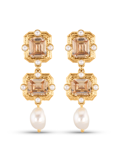 Icons Pearl Studded Crystal Drop Earrings In Gold