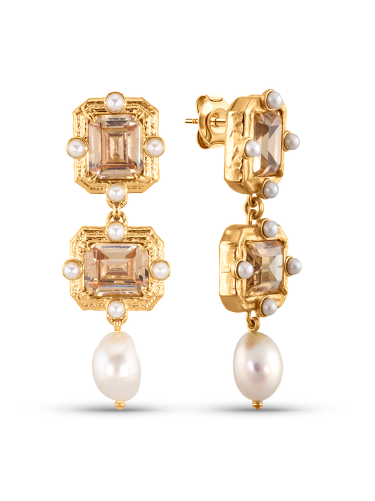 ICONS PEARL STUDDED CRYSTAL DROP EARRINGS IN GOLD