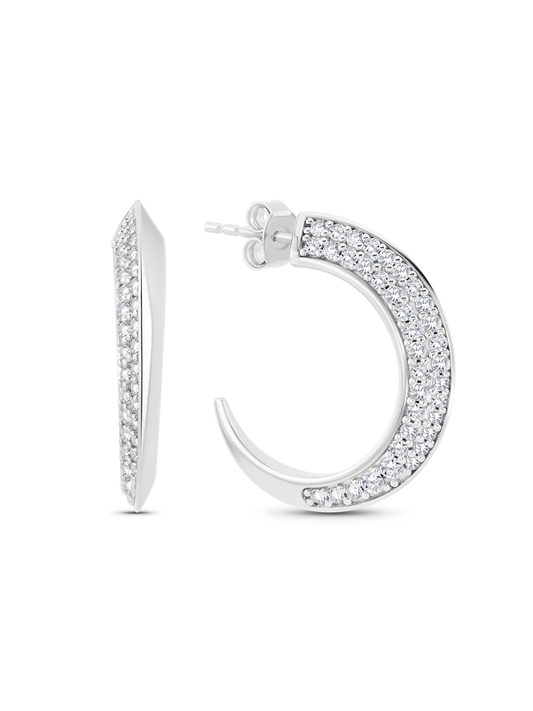 Tusk Half Pavé Charm Hoops in Silver