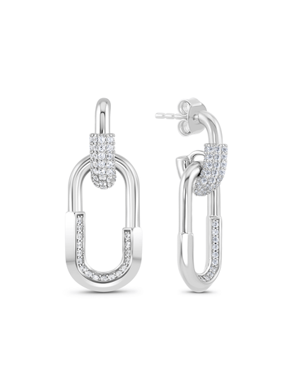 Linked Pavé Drop Hoops In Silver