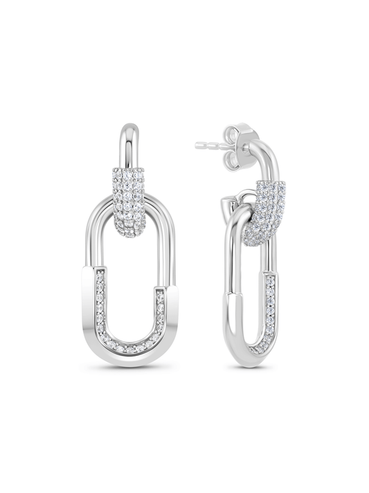 Linked Pavé Drop Hoops In Silver
