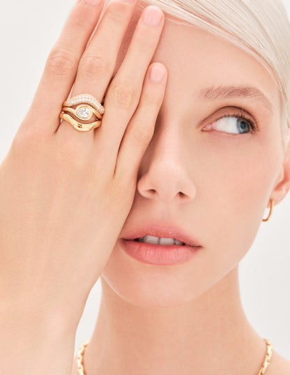 Domed Pavé Wave Stacking Ring in Gold