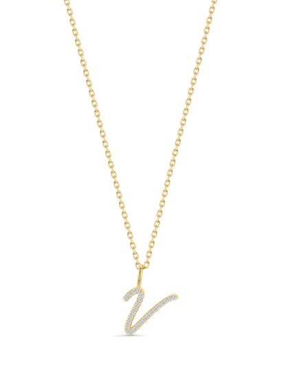 Pavé V Initial Pendant Necklace In Gold