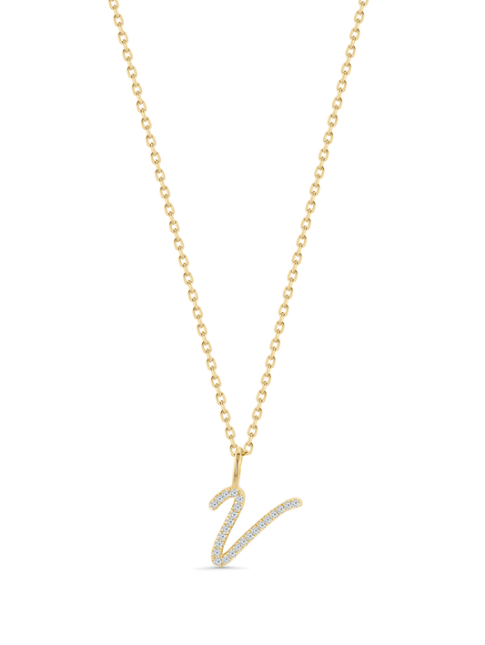 Pavé V Initial Pendant Necklace In Gold