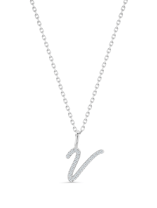 Pavé V Initial Pendant Necklace In Silver