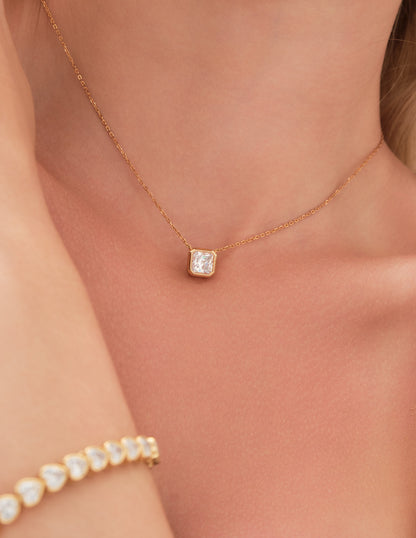 Square Crystal Pendant Necklace In Gold