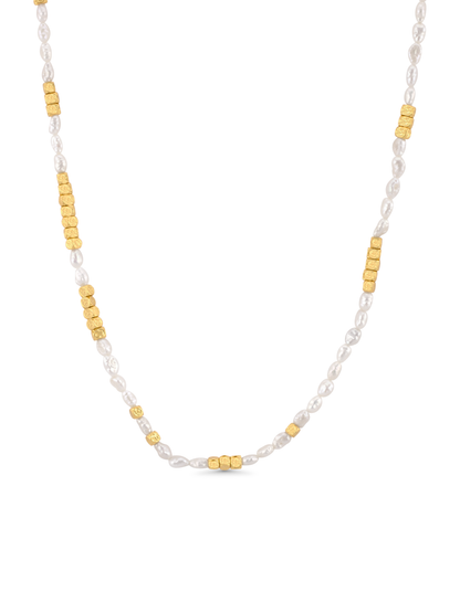 Pearl & Hammered Bead Necklace In Gold