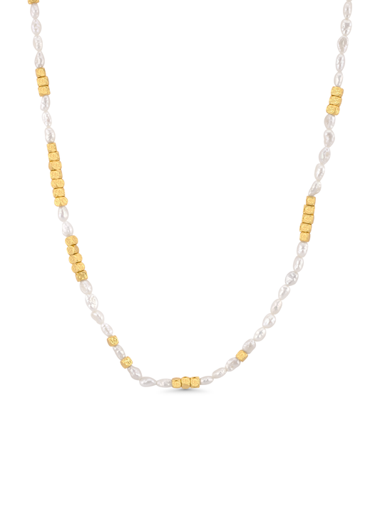 Pearl & Hammered Bead Necklace In Gold