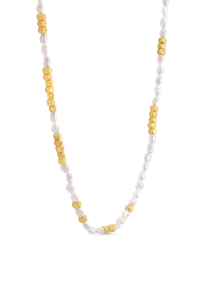 Pearl & Hammered Bead Necklace In Gold
