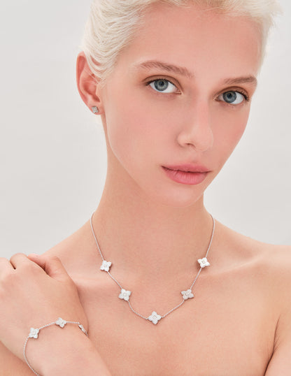 Primrose Mother-of-Pearl Clover Station Necklace in Silver