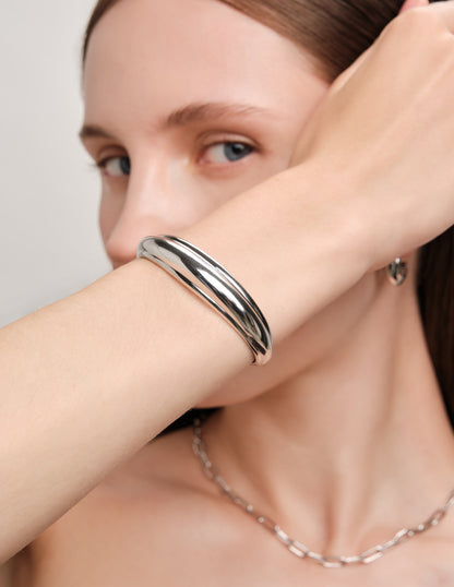 Domed Ridged Cuff Bracelet in Silver