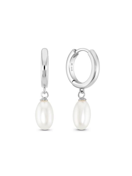 Freshwater Pearl Drop Huggies In Silver
