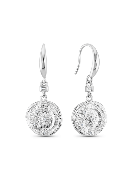 Celestial Coin Drop Earrings In Silver