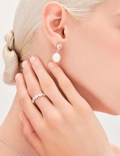 Freshwater Pearl & Crystal Studs In Silver
